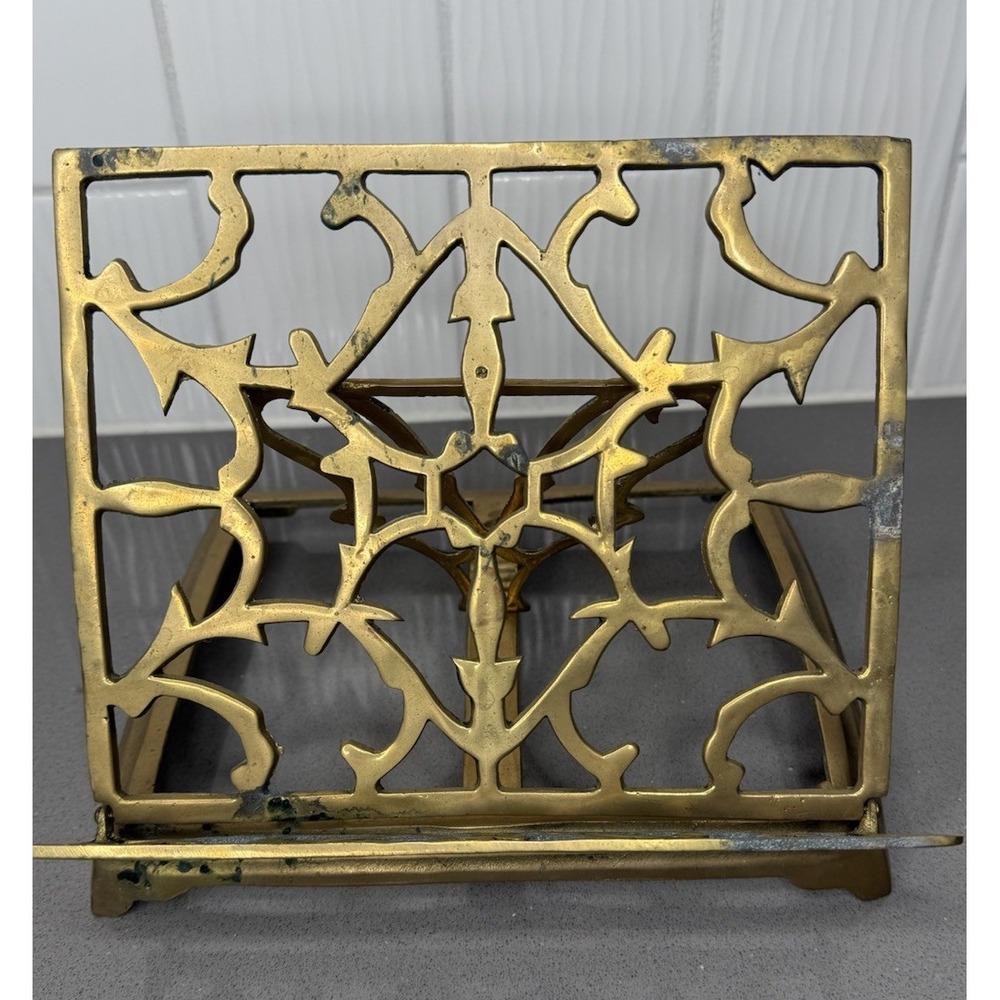 VINTAGE Solid Ornate Openwork Brass Folding Adjustable Book Bible Stand GUC